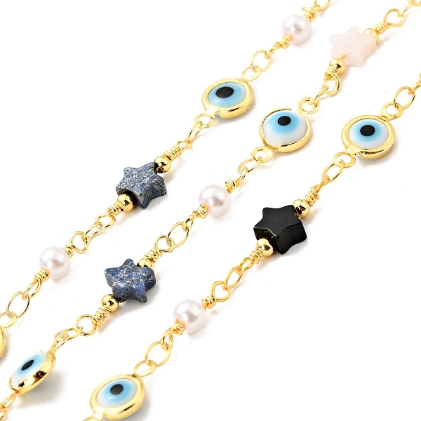 

PandaHall Rack Plating Brass Flat Round Link Chains, with Natural Mixed Gemstone Star & Glass Evil Eye Beaded, Long-Lasting Plated, Soldered...