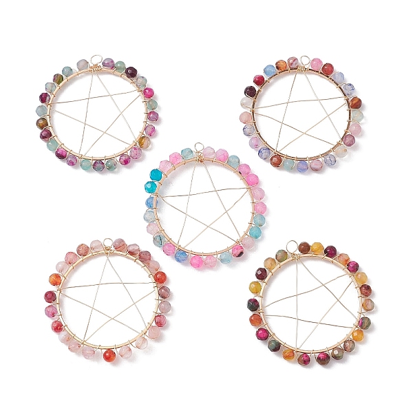 

PandaHall Natural Agate Dyed & Heated Faceted Round Beaded Pendants, Copper Wire Wrapped Pentagram Charms, Light Gold, 43~44x43x4mm, Hole...