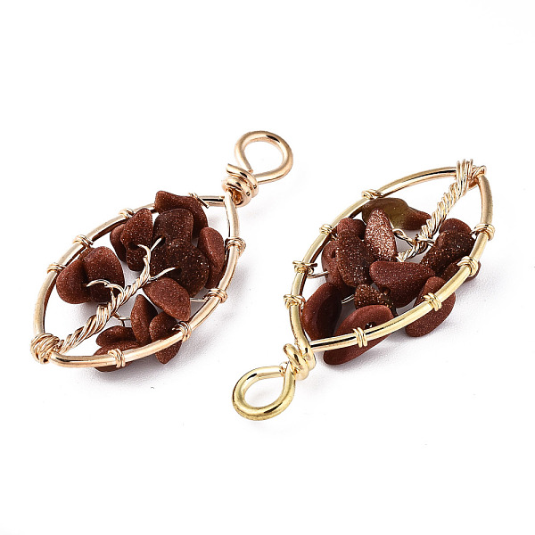 

PandaHall Synthetic Goldstone Pendants, Golden Tone Brass Wire Wrapped, Tree, Oval, 40.5~44x17.5~19x6~7.5mm, Hole: 4mm Goldstone Oval