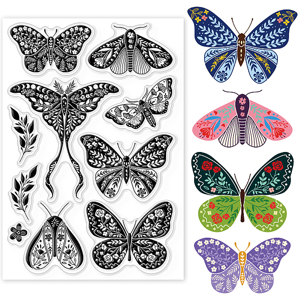

PandaHall GLOBLELAND Butterfly Moth Flower Clear Stamps Butterfly Sentiment Background Silicone Clear Stamp Animal Theme Seals for DIY...