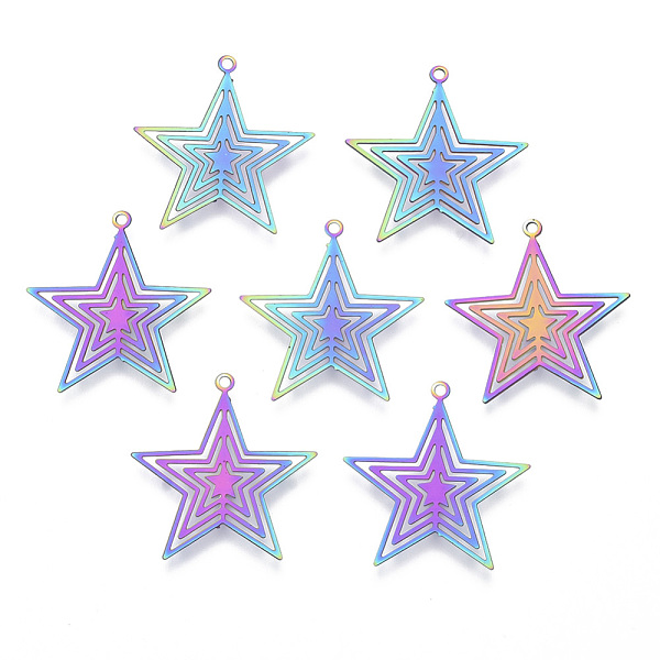 

PandaHall Ion Plating(IP) 201 Stainless Steel Filigree Pendants, Etched Metal Embellishments, Star, Rainbow Color, 23x22x0.4mm, Hole: 1.2mm...