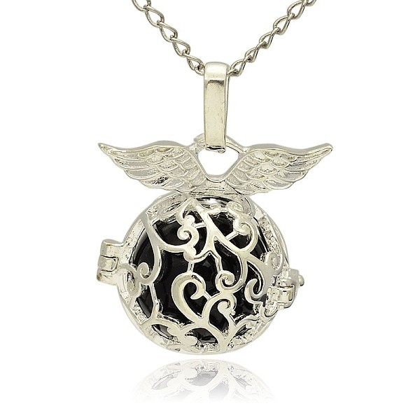 

PandaHall Silver Color Plated Brass Hollow Round Cage Pendants, with No Hole Spray Painted Brass Round Ball Beads, Round with Wing, Black...