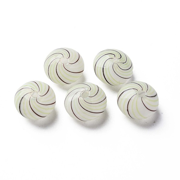 

PandaHall Handmade Blown Glass Globe Beads, Stripe Pattern, Flat Round, Honeydew, 15x9.5~10.5mm, Hole: 1.6~2mm Glass Flat Round Green
