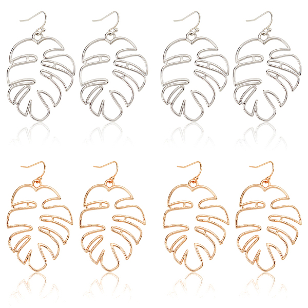 

PandaHall ANATTASOUL 4 Pairs 2 Colors Alloy Hollow Out Monstera Leaf Dangle Earrings for Women, Platinum & Rose Gold, 52mm, Pin: 0.7mm, 2...