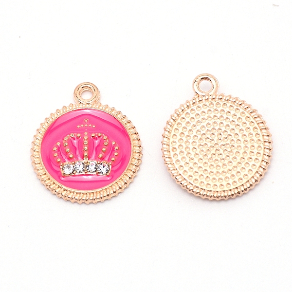 

PandaHall Alloy Enamel Crown Jewelry Pendant, with Crystal Glass Rhinestone, Light Gold, Flat Round, Deep Pink, 20x16.5x2.5mm, Hole: 1.2mm..., Clear