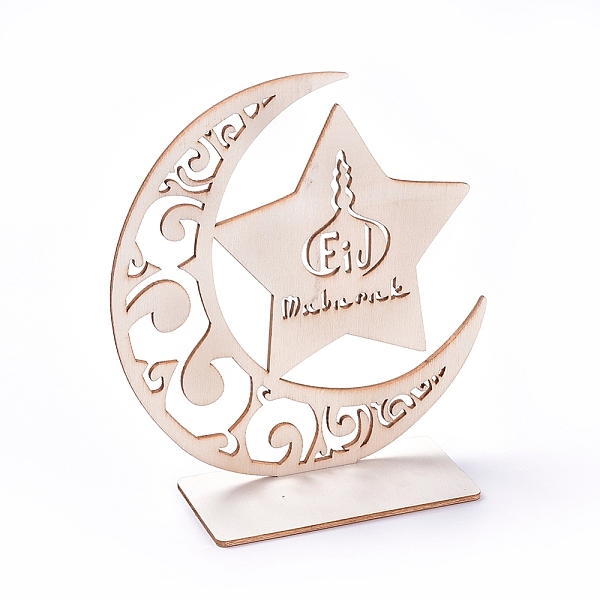

PandaHall Eid Mubarak Wooden Ornaments, Ramadan Wood Tabletop Decoration, Moon with Star, Blanched Almond, 150x140x2.5mm Wood Moon Orange