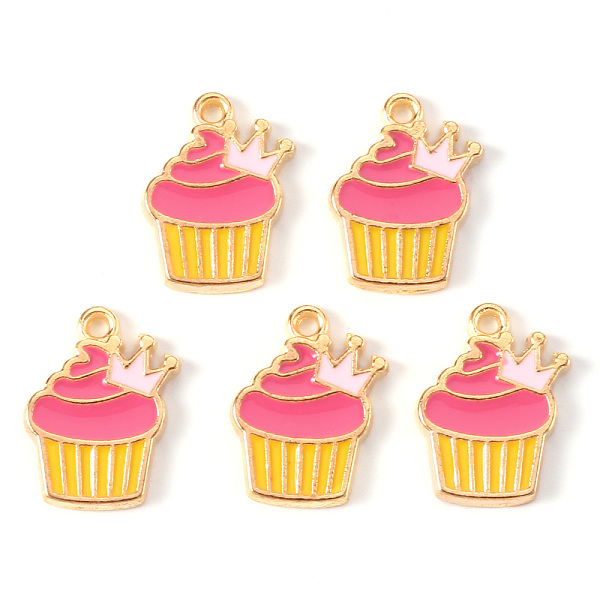 PandaHall Alloy Enamel Pendants, Light Gold, Cadmium Free & Lead Free, Cake, Hot Pink, 17x13x2mm, Hole: 1.4mm Alloy+Enamel Food