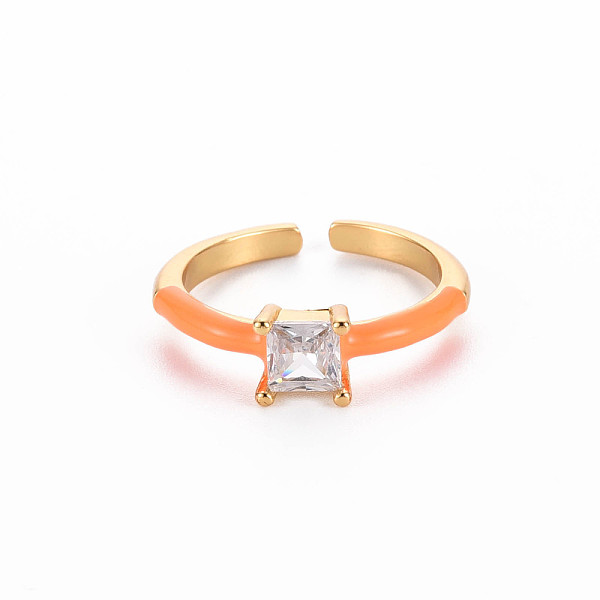 

PandaHall Brass Enamel Cuff Rings, Open Rings, Solitaire Rings, with Clear Cubic Zirconia, Nickel Free, Square, Golden, Dark Orange, US Size...