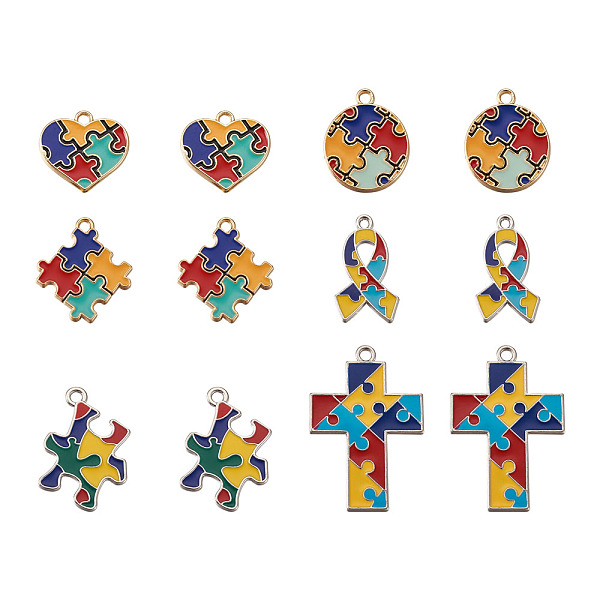 

PandaHall Alloy Enamel Pendants, Mixed Shapes with Puzzle, Mixed Color, 37.5x26x1.5mm, Hole: 2mm, 12pcs/box Alloy+Enamel Mixed Shapes