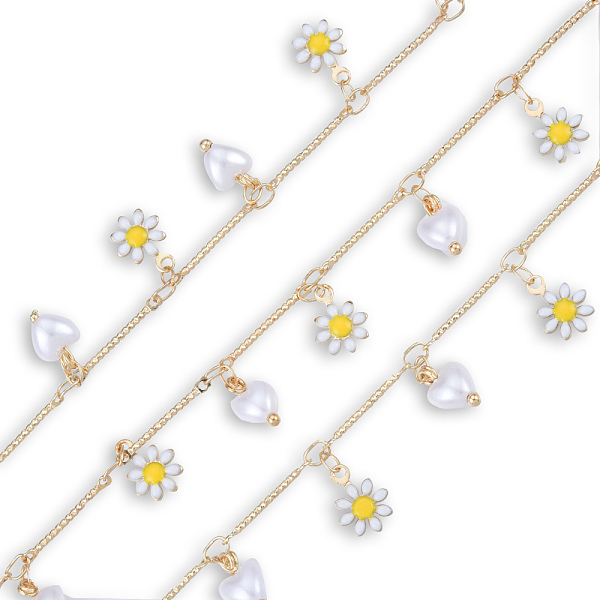 

PandaHall Handmade Golden Brass Bar Link Chains, with Enamel Flower & Natural Pearl Heart Charms, Unwelded, with Spool, Nickel Free, Yellow...