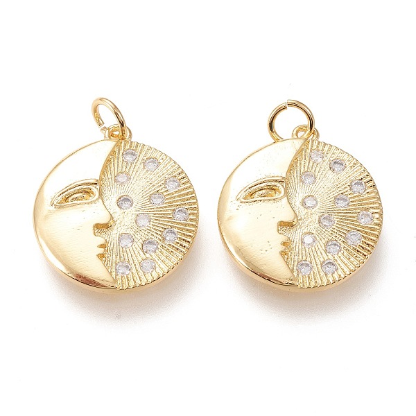 

PandaHall Brass Micro Pave Clear Cubic Zirconia Pendants, with Jump Rings, Long-Lasting Plated, Flat Round with Moon, Golden, 20x17.5x2.5mm...