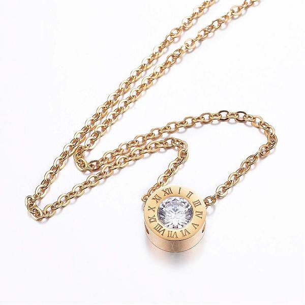

PandaHall 304 Stainless Steel Cubic Zirconia Pendant Necklaces, Flat Round, Golden, 19.6 inch(50cm) Cubic Zirconia