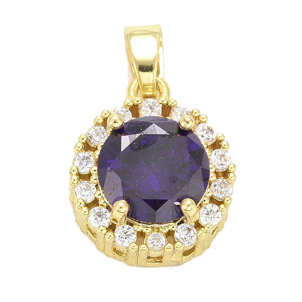 

PandaHall Brass Micro Pave Cubic Zirconia Pendants, Long-Lasting Plated, Real 18K Gold Plated, Flat Round, Indigo, 14x12x6mm, Hole: 5x2.5mm..., Purple