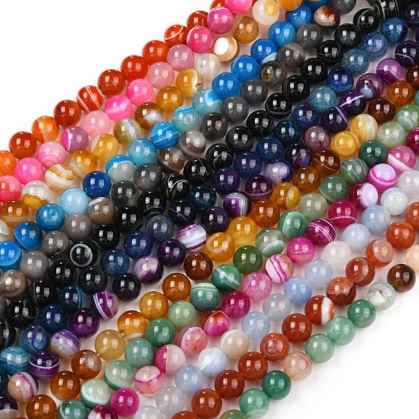 

PandaHall Natural Banded Agate/Striped Agate Beads Strands, Dyed, Round, Mixed Color, 10mm, Hole: 1mm, about 38pcs/strand, 14.57''~15.35''..., Multicolor