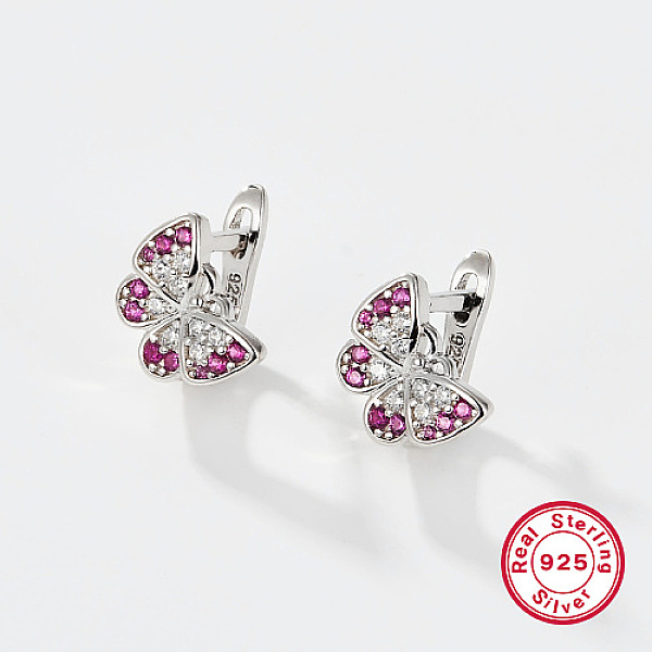 

PandaHall Rhodium Plated Platinum Plated 925 Sterling Silver Hoop Earrings, Cubic Zirconia Butterfly Earrings, with 925 Stamp, Deep Pink...