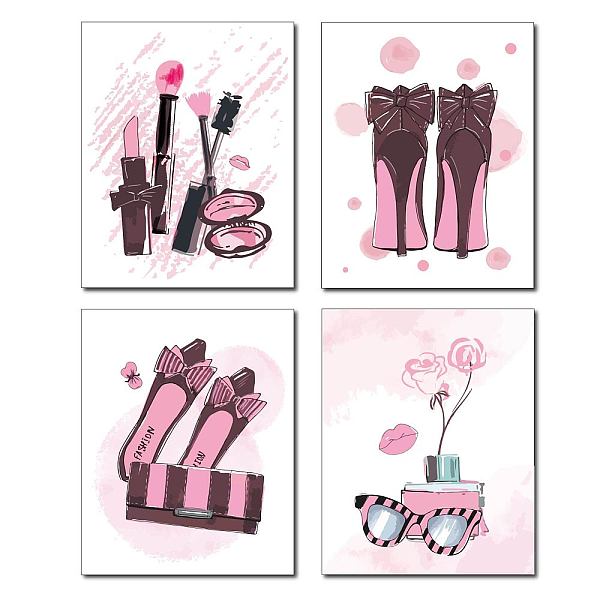 PandaHall CREATCABIN 4pcs Pink Canvas Wall Art Print Poster Set High Heels Flower Sunglasses Makeup Fashion Decor Modern Artwork for...