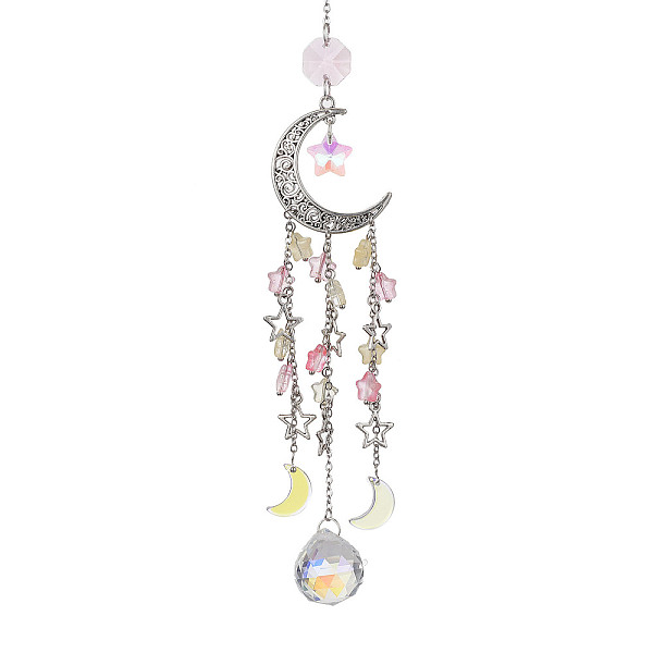 

PandaHall Glass Pendant Decoration, with Alloy Hollow Moon & Star Charm, for Home Decoration, Hot Pink, 265mm Glass Moon