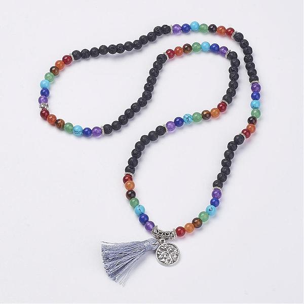 

PandaHall Natural Gemstone Beads Necklaces, with Polyester Tassel and Alloy Findings, 25.9 inch(66cm) Lava Rock Gray