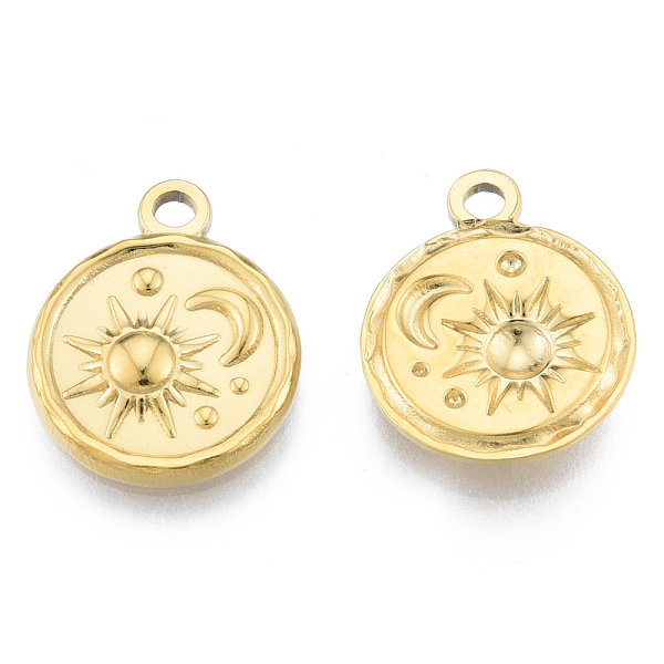 

PandaHall Ion Plating(IP) 201 Stainless Steel Pendants, Flat Round with Sun & Moon, Real 18K Gold Plated, 19x15.5x2.5mm, Hole: 2mm 201...