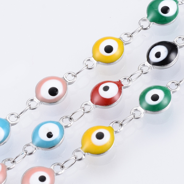 

PandaHall 304 Stainless Steel Enamel Link Chains, with Spool, Soldered, Eye, Stainless Steel Color, Colorful, 11x6x3mm, about 32.8 Feet...
