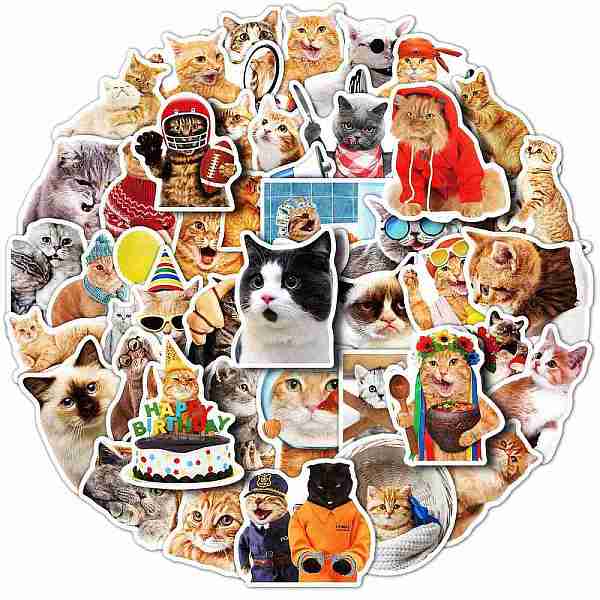 PandaHall Waterproof PVC Adhesive Stickers, for Suitcase, Skateboard, Refrigerator, Helmet, Mobile Phone Shell, Cat Pattern, 50~70x50~70mm...