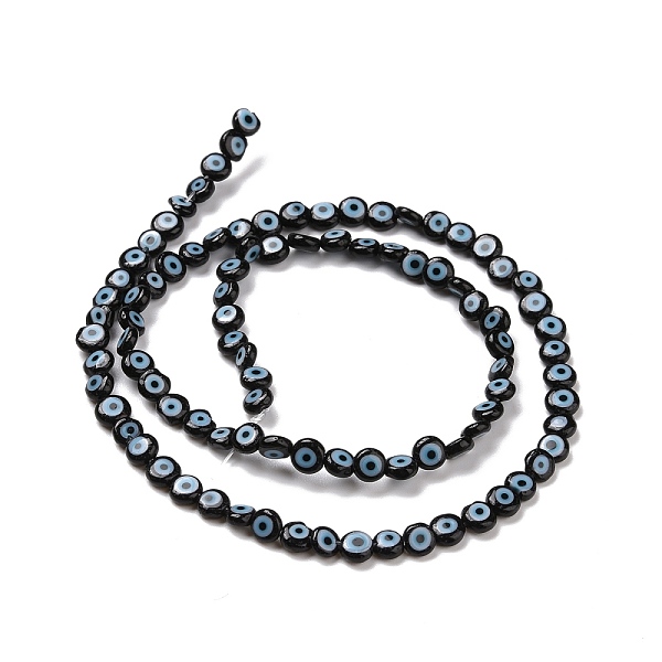 

PandaHall Handmade Lampwork Beads, Flat Round with Evil Eye, Black, 4.5x2.5mm, Hole: 0.6mm, about 90~100pcs/strand, 15.35''~15.75''(39~40cm)...