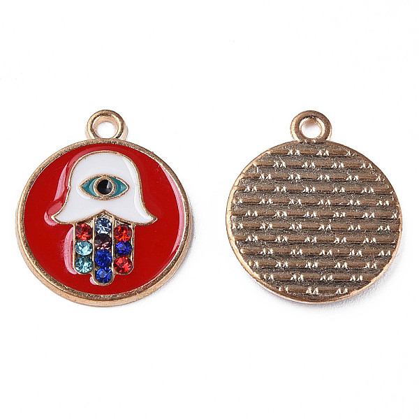 

PandaHall Alloy Enamel Pendants, with Colorful Rhinestone, Cadmium Free & Lead Free, Light Gold, Flat Round with Hamsa Hand/Hand of Miriam &..., Red