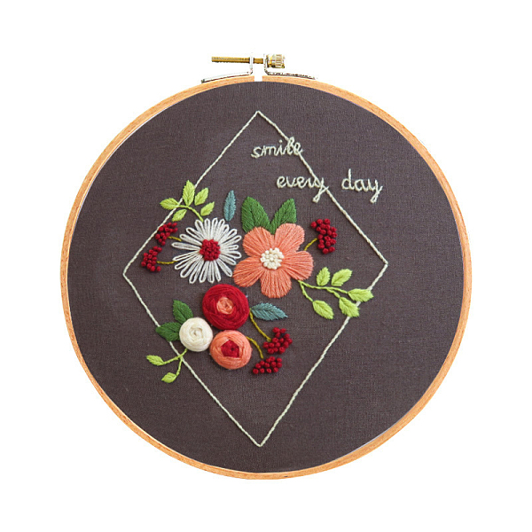 

PandaHall Embroidery Starter Kits, including Embroidery Fabric & Thread, Needle, Instruction Sheet, Coffee, 330x330mm Cloth Flower Brown
