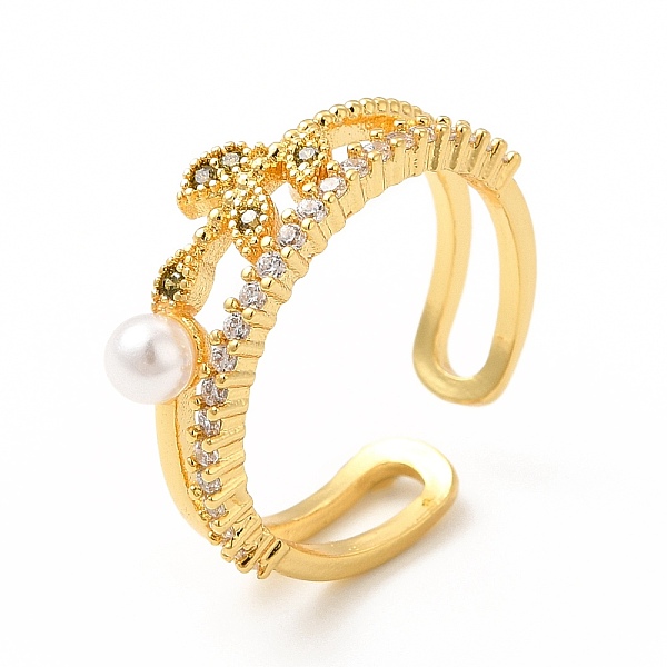 

PandaHall Clear Cubic Zirconia Leaf Open Cuff Ring with Plastic Pearl Beaded, Brass Jewelry for Women, Cadmium Free & Lead Free, Real 18K...