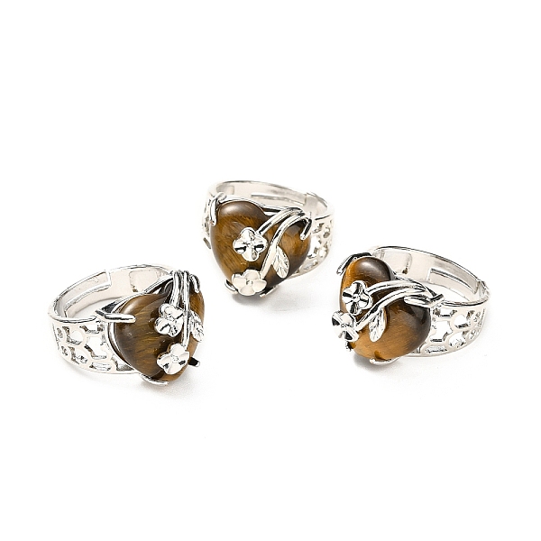 

PandaHall Natural Tiger Eye Adjustable Rings, Platinum Tone Heart with Flower Brass Rings for Women, Cadmium Free & Lead Free, US Size 6 3/4...