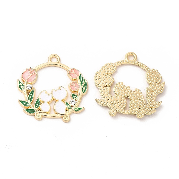 

PandaHall Alloy Enamel Pendants, with Rhinestone, Cadmium Free & Nickel Free & Lead Free, Golden, Flat Round with Cat & Flower Pattern..., White