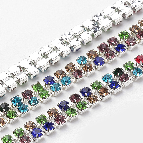 

PandaHall Brass Rhinestone Strass Chains, with Spool, Two Rows Rhinestone Cup Chains, Silver Color Plated, Colorful, 6mm, about 10yards/roll...