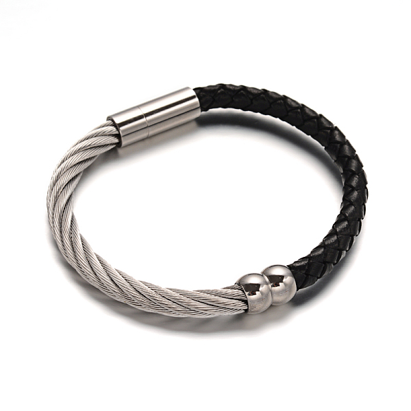 

PandaHall Leather Cord Braided Bracelets, with 304 Stainless Steel Findings, Stainless Steel Color, 52x60mm Leather