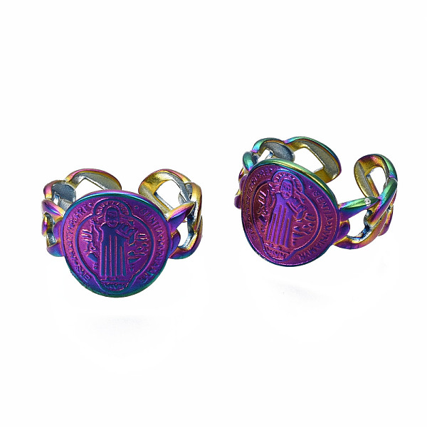 

PandaHall Oval with Jesus Cuff Rings, Rainbow Color 304 Stainless Steel Wide Open Rings for Women, US Size 9 3/4(19.5mm) 304 Stainless Steel