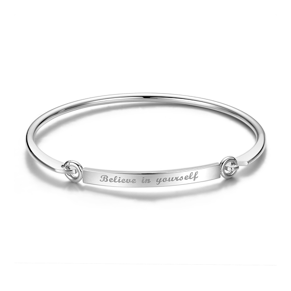 

PandaHall SHEGRACE Fashion Engraved Brass Inspirational Bangle, with Words Believe in Yourself, Platinum, 7-1/4 inch(18.5cm), 4mm Brass