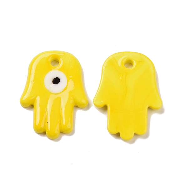 

PandaHall Handmade Evil Eye Lampwork Pendants, Hamsa Hand/Hand of Miriam, Yellow, 50x36x6mm, Hole: 4.8mm Lampwork Palm Yellow