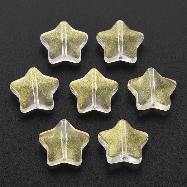 

PandaHall Two Tone Transparent Spray Painted Glass Beads, with Glitter Powder, Star, Pale Goldenrod, 12.5x13x5mm, Hole: 1mm Glass Star Clear