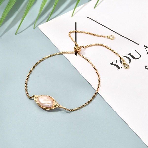 

PandaHall Natural Baroque Pearl Keshi Pearl Necklace for Girl Women, 304 Stainless Steel Venetian Chain Slider Bracelet, Golden, PeachPuff..., Brown