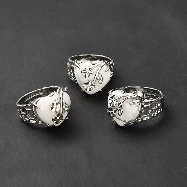 

PandaHall Natural Howlite Adjustable Rings, Platinum Tone Heart with Flower Brass Rings for Women, Cadmium Free & Lead Free, US Size 6 3/4...