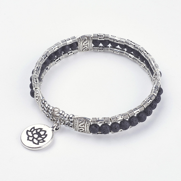 

PandaHall Natural Lava Rock Beads Bangles, with Tibetan Style Alloy Lotus Pendants and Finding and Rectangle OPP Cellophane Bags, Antique...