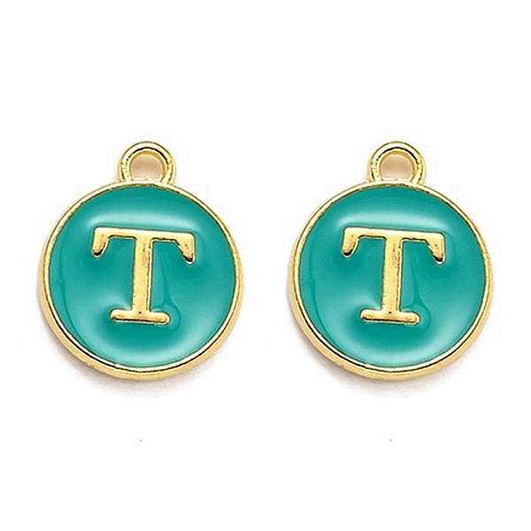 

PandaHall Golden Plated Alloy Enamel Charms, Enamelled Sequins, Flat Round with Alphabet, Letter.T, Green, 14x12x2mm, Hole: 1.5mm...