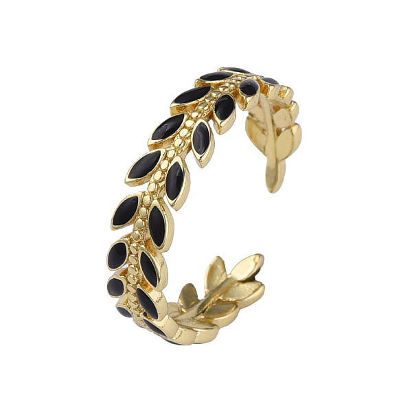 

PandaHall Enamel Leaf Open Cuff Rings, Real 18K Gold Plated Brass Jewelry for Women, Nickel Free, Black, US Size 8 1/2(18.5mm) Brass Black