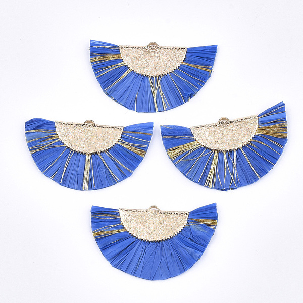 PandaHall Raffia Tassel Pendants, with Metallic Cords & Brass Findings, Fan Shaped, Golden, Royal Blue, 27x45x3mm, Hole: 1x3mm Raffia Blue