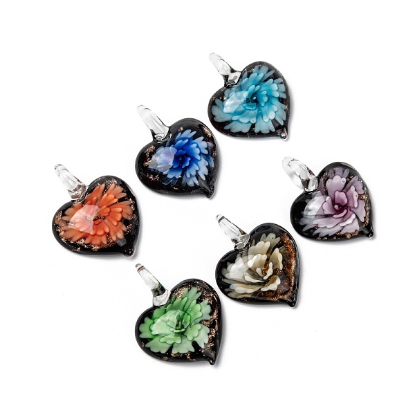 

PandaHall Handmade Gold Sand Lampwork Pendants, Heart, Mixed Color, 43x35x14mm, Hole: 6mm, 12pcs/box Lampwork Heart Multicolor