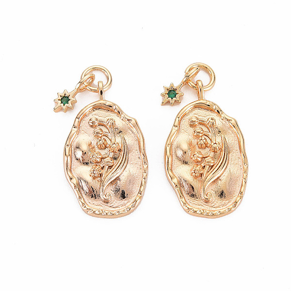 

PandaHall Brass Emerald Rhinestone Pendants, Birth Flower Charms, Nickel Free, Oval with Star, Real 18K Gold Plated, May Lily of the Valley..., Green