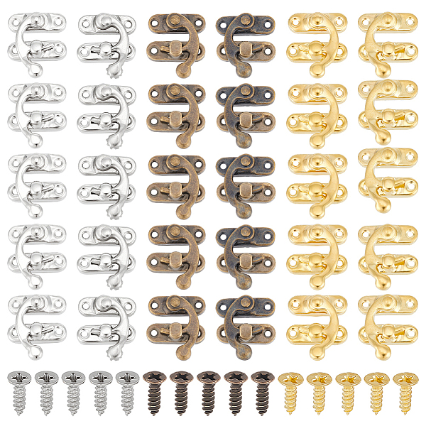 OLYCRAFT 30Pcs Jewelry Box Latch Hook Clasp Jewelry Box Hardware Jewelry Right Latch Hook Hasp Swing Arm Lock Clasp with 120pcs Replacement Screws for Jewelry Box Cabinet -6 Colors