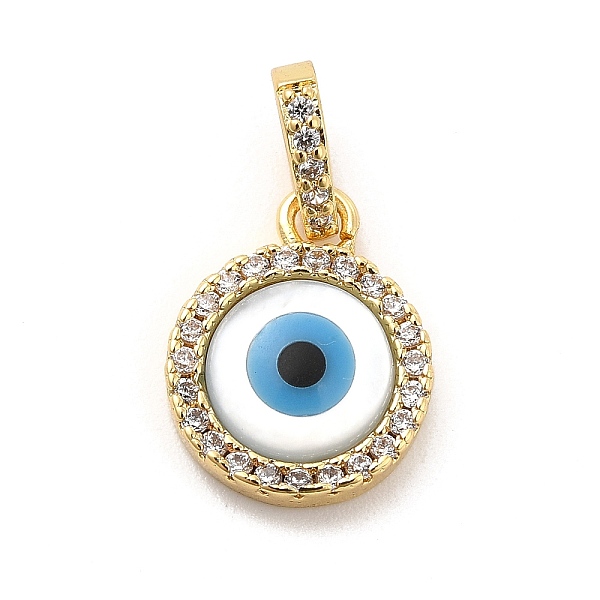 

PandaHall Brass Micro Pave Cubic Zirconia Charms, with Cellulose Acetate(Resin) Evil Eye, Golden, Flat Round, 14x11x3mm, Hole: 5.5x3.5mm..., Blue