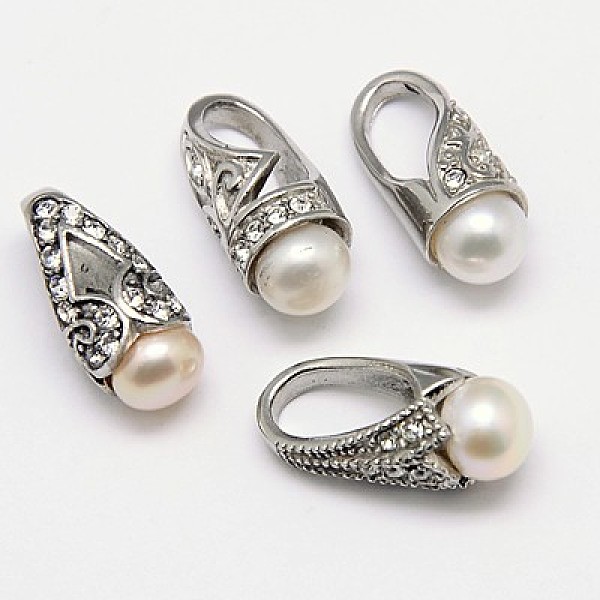 PandaHall 316L Surgical Stainless Steel Pendants, with Natural Cultured Freshwater Pearl Beads and Cubic Zirconia, teardrop, Mixed Style...