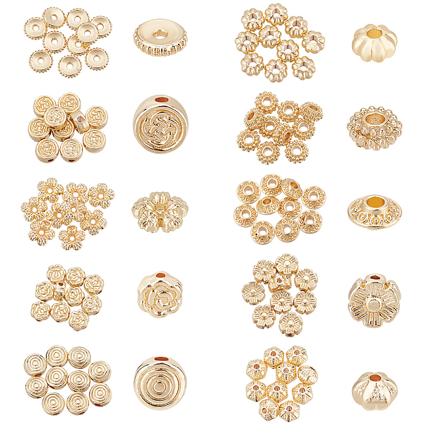 

PandaHall BENECREAT 100Pcs 10 Style Rack Plating Alloy Beads, Long-Lasting Plated, Flower & Flat Round & Disc & Rondelle & Pumpkin, Real 14K...