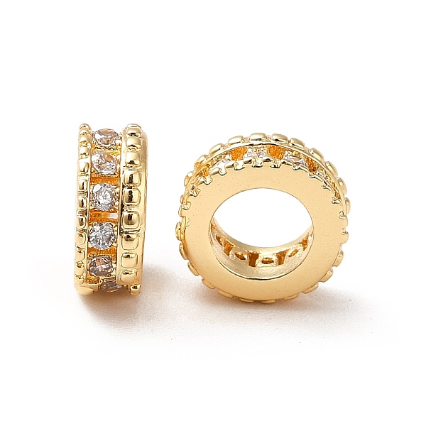 

PandaHall Brass Micro Pave Cubic Zirconia European Beads, Large Hole Beads, Real 18K Gold Plated, Flat Round, Clear, 9x4mm, Hole: 5.5mm...